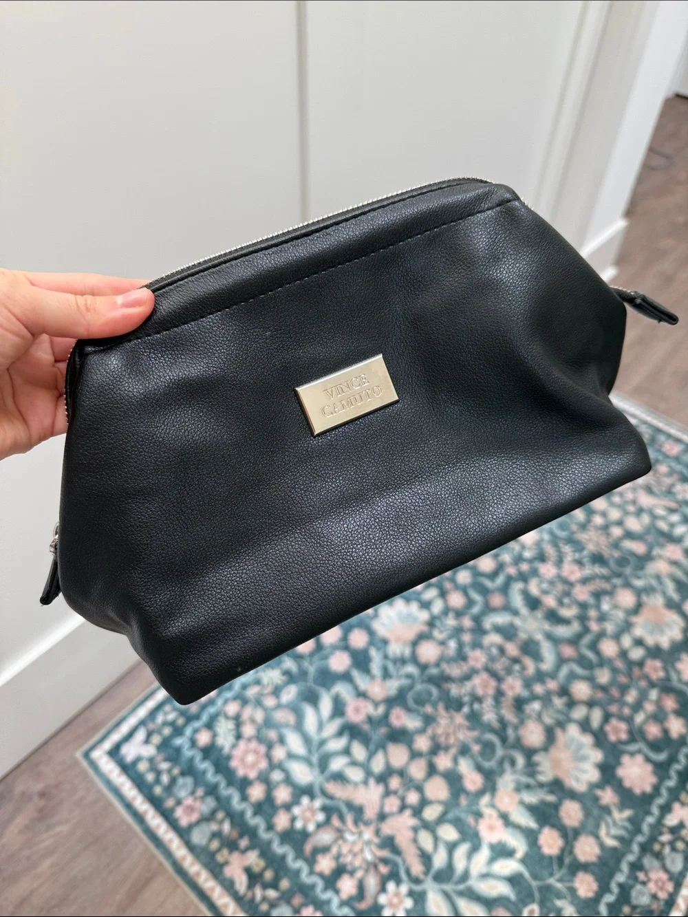 Vince Camuto Black Pebbled Leather Zip Cosmetic Toiletries Case